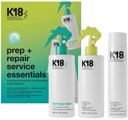 K18 Prep + Repair Service Essentials Set package for deep cleansing and repair of damaged hair