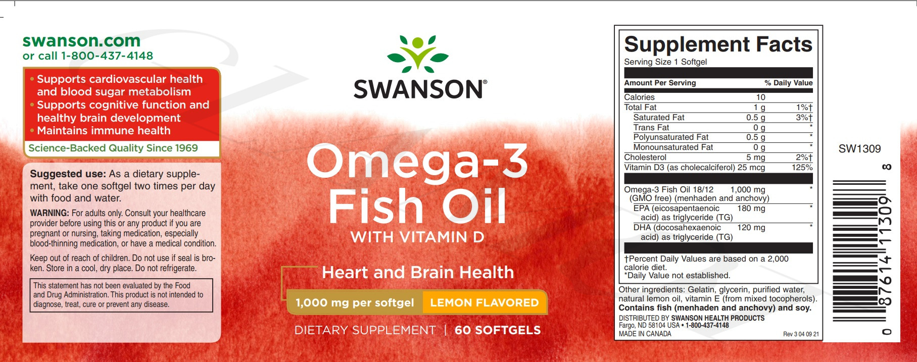 Swanson Lemon Flavour Omega Fish Oil With Vitamin D Heart And Brain