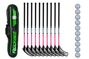 FLOORBEE SpitFire 29 + Toolbag + 10 Balls černá / růžová, 92cm (=102cm), 3x levá + 7x pravá, (13 - 15 let)