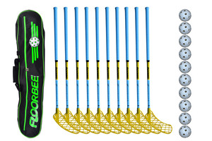 FLOORBEE Douglas 32 + Toolbag + 10 Balls světle modrá / neonově žlutá, 92cm (=102cm), 3x levá + 7x pravá, (13 - 15 let)