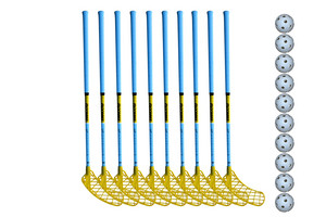 FLOORBEE Douglas 32 + 10 Balls světle modrá / neonově žlutá, 92cm (=102cm), 5x levá + 5x pravá, (13 - 15 let)