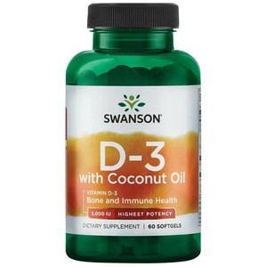 Swanson Vitamin D-3 with Coconut Oil 60 ks, gelové tablety, 5000 IU (125 mcg)