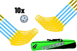 FLOORBEE Douglas 32 + Toolbag + 10 Balls světle modrá / neonově žlutá, 96cm (=106cm), 6x levá + 4x pravá, (13 - 18 let)