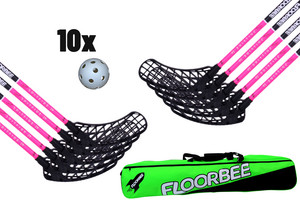 FLOORBEE SpitFire 29 + Toolbag + 10 Balls černá / růžová, 92cm (=102cm), 6x levá + 4x pravá, (13 - 15 let)