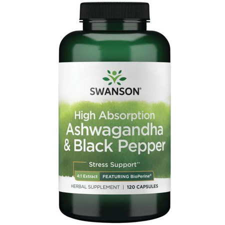 Swanson High Absorption Ashwagandha & Black Pepper Doplnok stravy pre úľavu od stresu