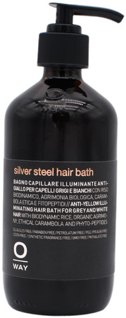 Oway Silver Steel Hair Bath shampoo for grey and lightened hair against yellow tones