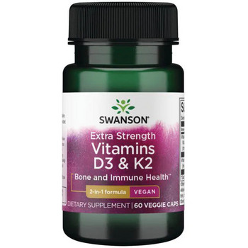 Swanson Vitamins D3 & K2 60 ks, vegetariánská kapsle, 5,000 IU & 100 mcg, EXP. 09/2025