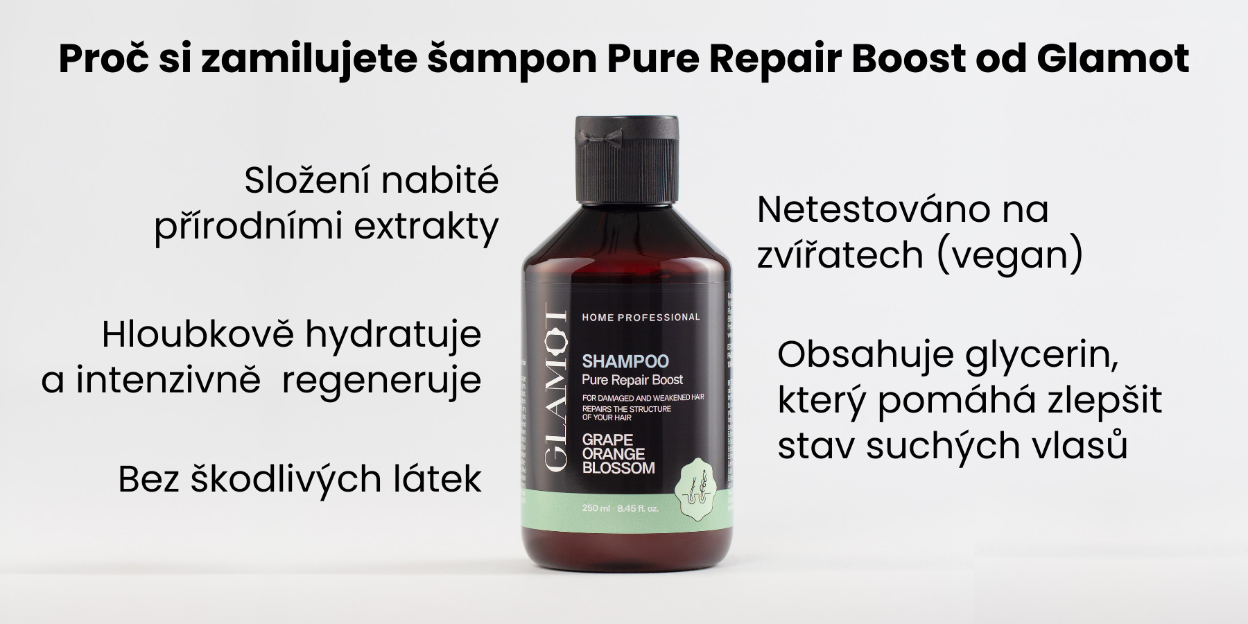 Šampon na vlasy, Přírodní extrakty, Vegan, hydratace a regenerace, pomáhá zlepšit stav suchých vlasů