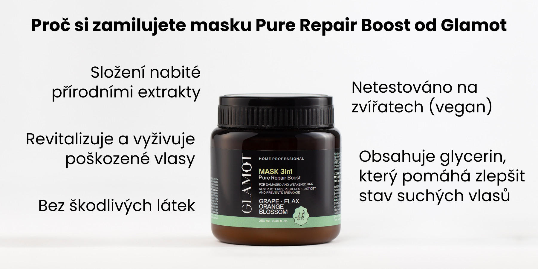 Maska na vlasy, Přírodní extrakty, Vegan, revitalizuje a vyživuje, pomáhá zlepšit stav suchých vlasů