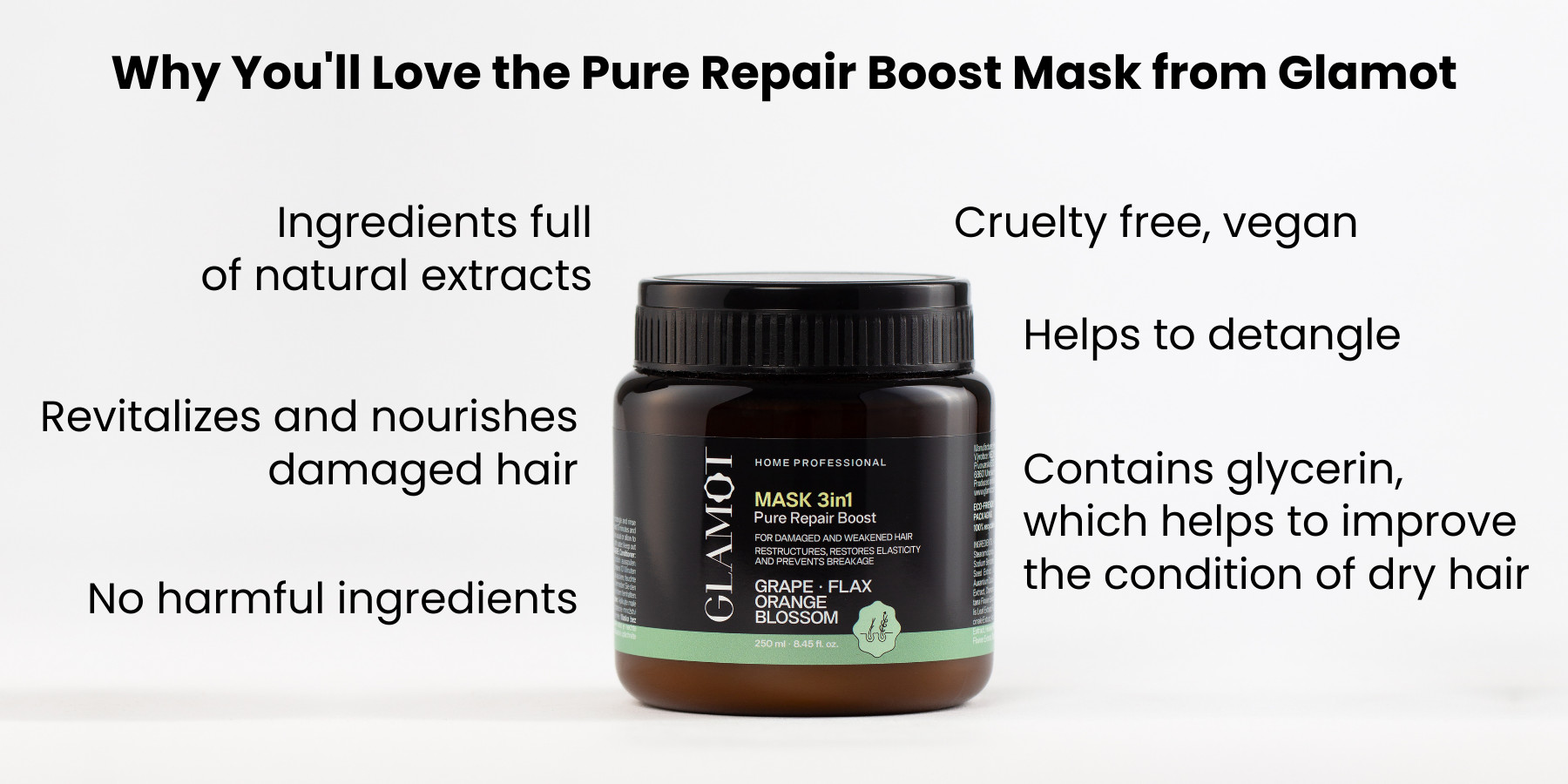Hair mask, Natural extracts, Vegan, revitalizes and nourishes, helps improve the condition of dry hair