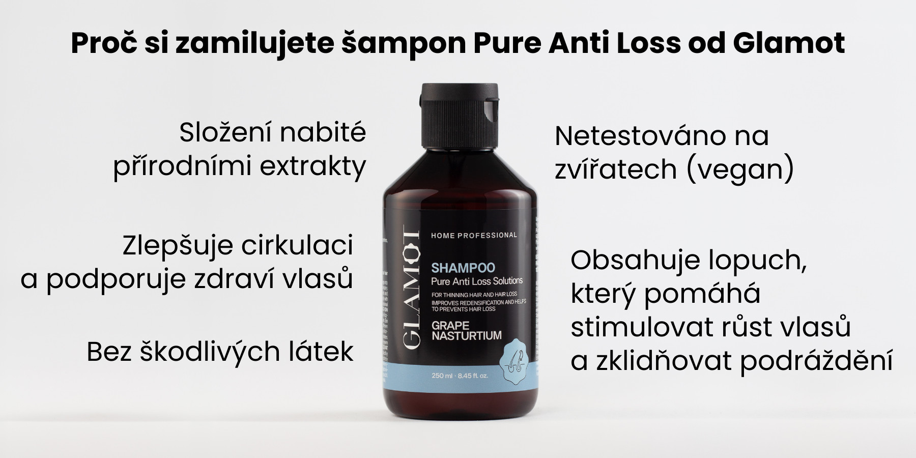 Šampon na vlasy, Přírodní extrakty, Vegan, zlepšuje cirkulaci a zdraví vlasů, pomáhá stimulovat růst vlasů
