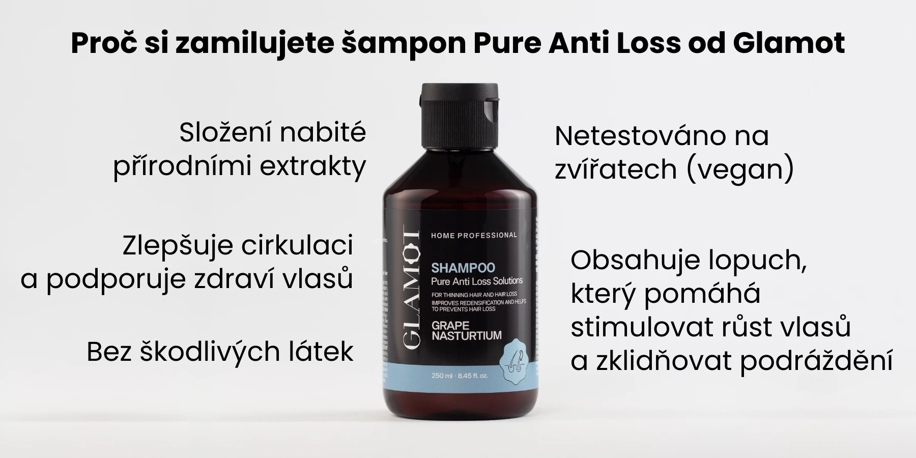Šampon na vlasy, Přírodní extrakty, Vegan, zlepšuje cirkulaci a zdraví vlasů, pomáhá stimulovat růst vlasů