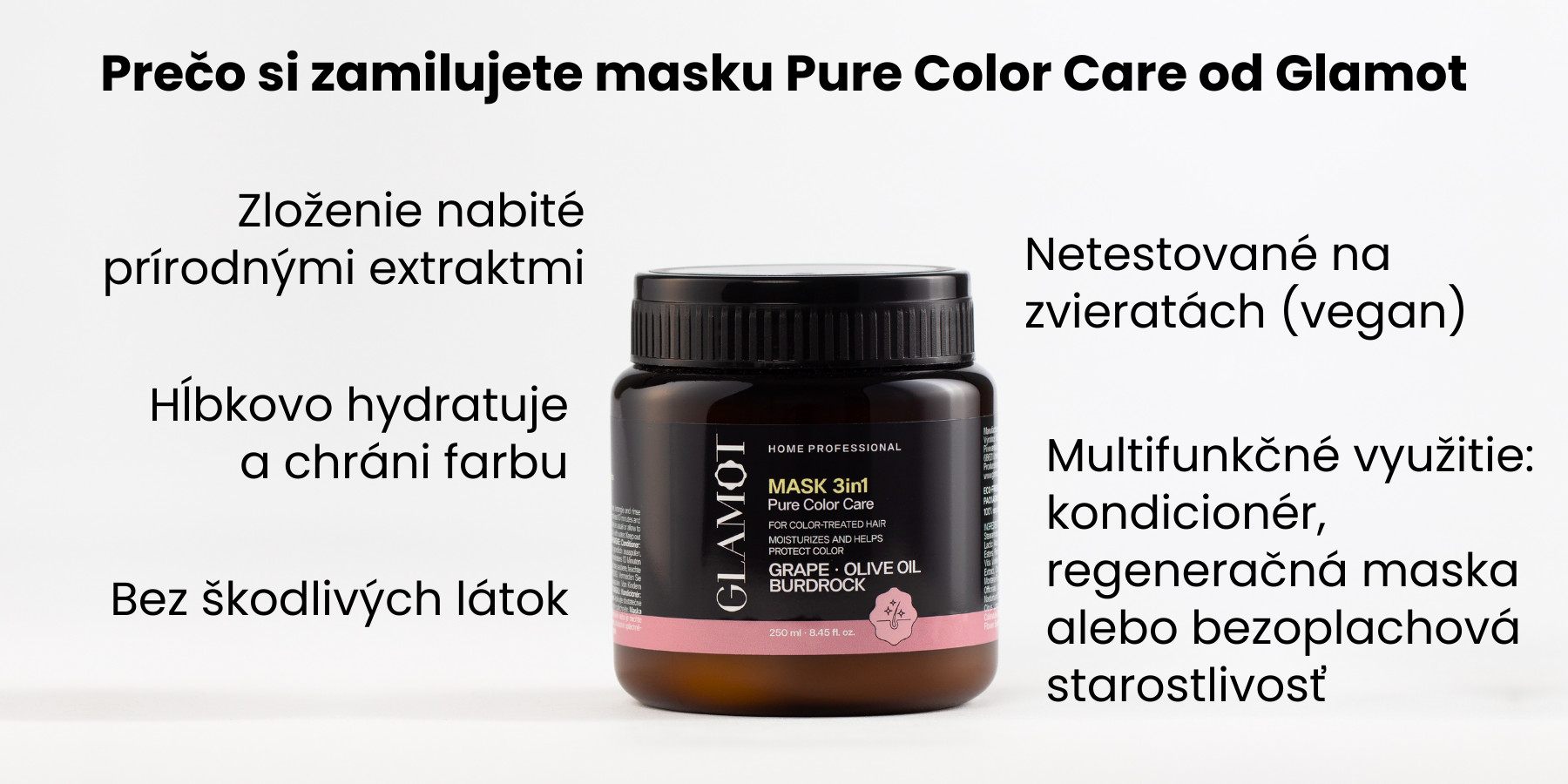 Maska na vlasy, Prírodné extrakty, Vegan, hydratuje a chráni farbu vlasov, pre farbené a chemicky ošetrené vlasy
