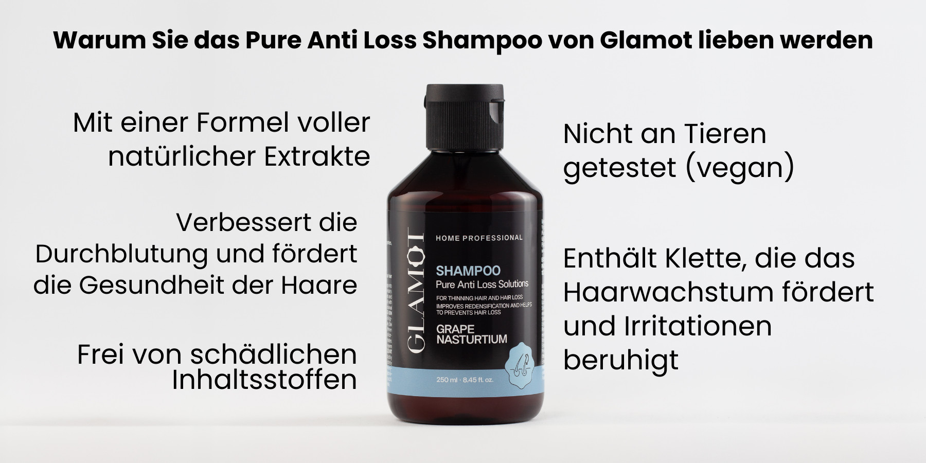 Haarshampoo mit natürlichen Extrakten, vegan, regt die Durchblutung an, stärkt das Haar und fördert gesundes Wachstum