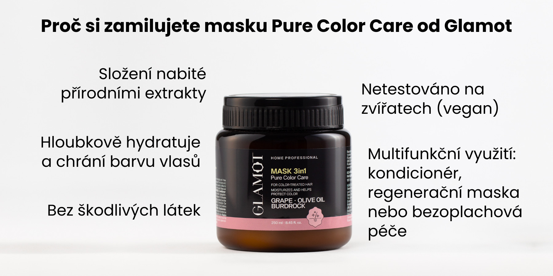 Maska na vlasy, Přírodní extrakty, Vegan, hydratuje a chrání barvu vlasů, pro barvené a chemicky ošetřené vlasy