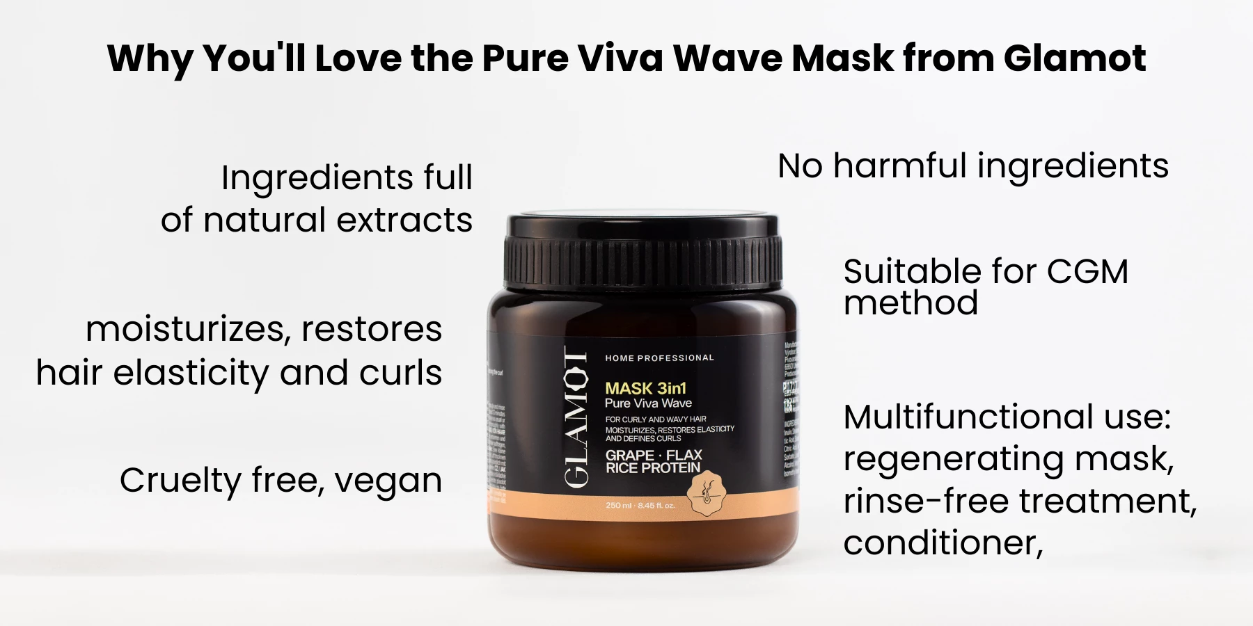Hair Mask, Natural extracts, Vegan, restores hair elasticity and curls, for curly and wavy hair
