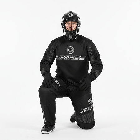 Unihoc INFERNO all black Goalkeeper set with helmet