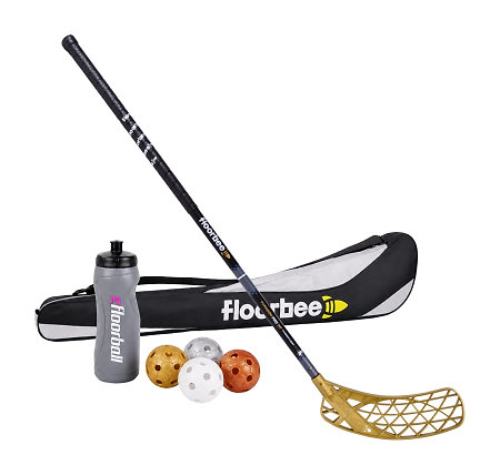 FLOORBEE TYPHOON PRO 30 Carbon Light Gold 2026 Set Set florbalky s vakom, loptičkami a fľašou