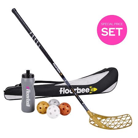 FLOORBEE TYPHOON PRO 30 Carbon Light Gold 2026 Set Set florbalky s vakom, loptičkami a fľašou