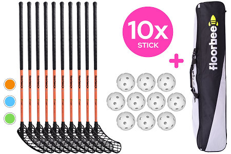 FLOORBEE 10X Teams Energy 32 + Balls + Toolbag Floorball stick set with balls and bag