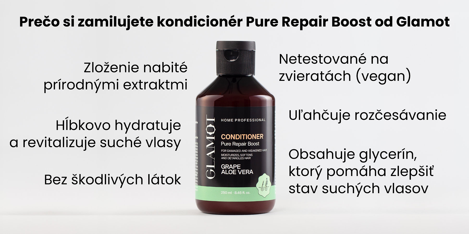 Kondicionér na vlasy, Prírodné extrakty, Vegan, hydratuje a revitalizuje, pomáha zlepšiť stav suchých vlasov