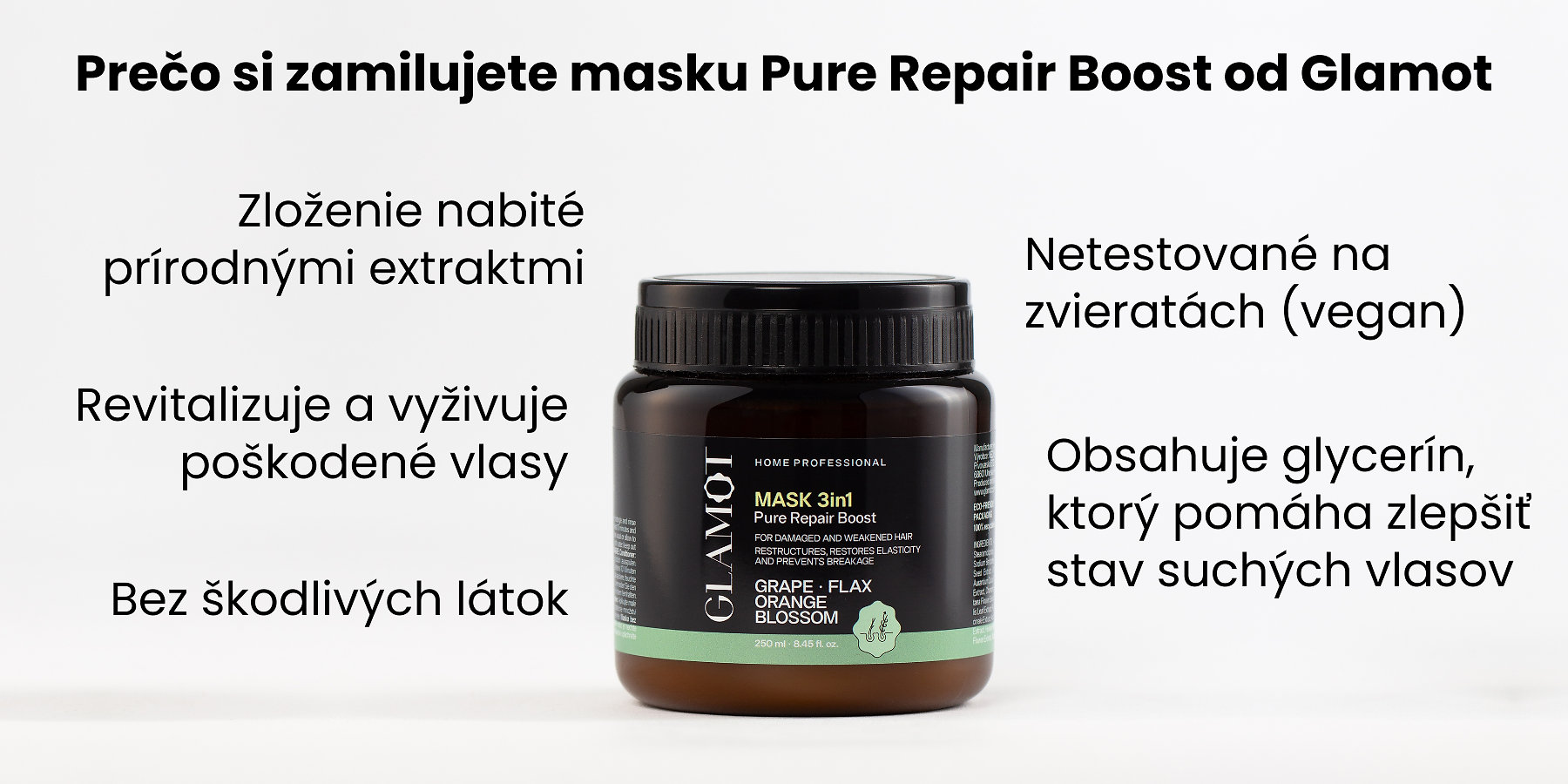 Maska na vlasy, Prírodné extrakty, Vegan, revitalizuje a vyživuje, pomáha zlepšiť stav suchých vlasov