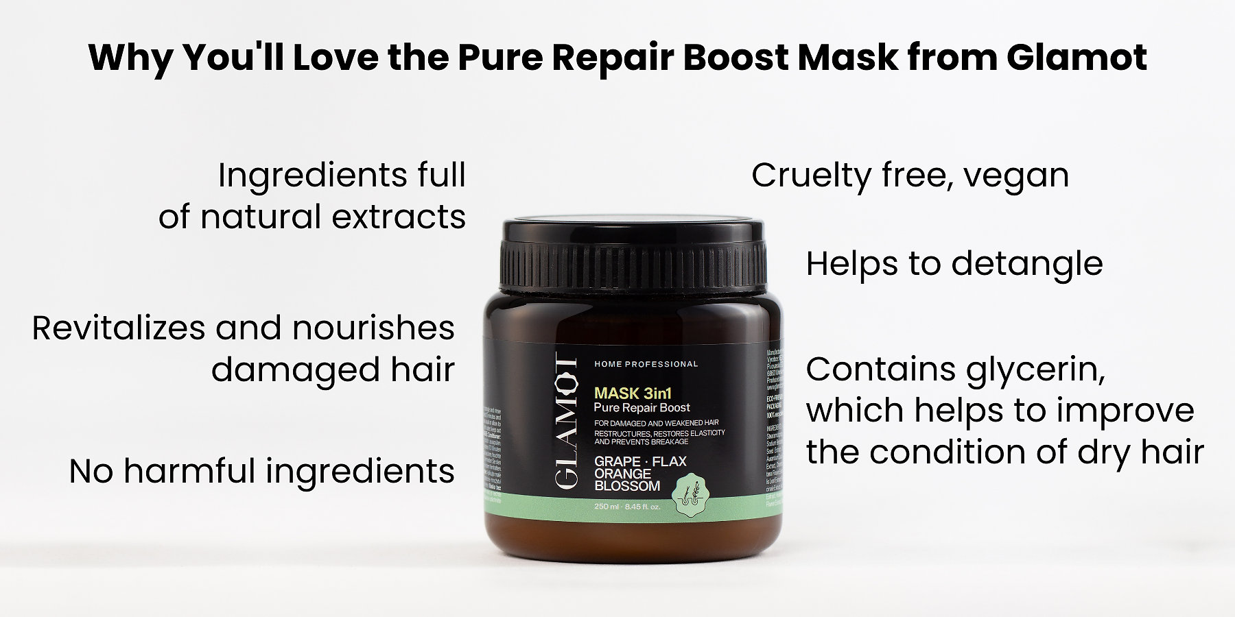 Hair mask, Natural extracts, Vegan, revitalizes and nourishes, helps improve the condition of dry hair