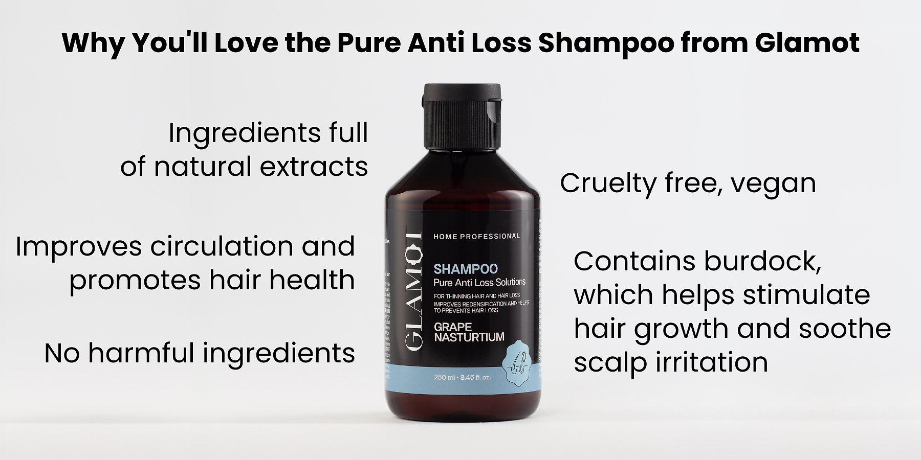 Hair shampoo, Natural extracts, Vegan, improves circulation and hair health, helps stimulate hair growth