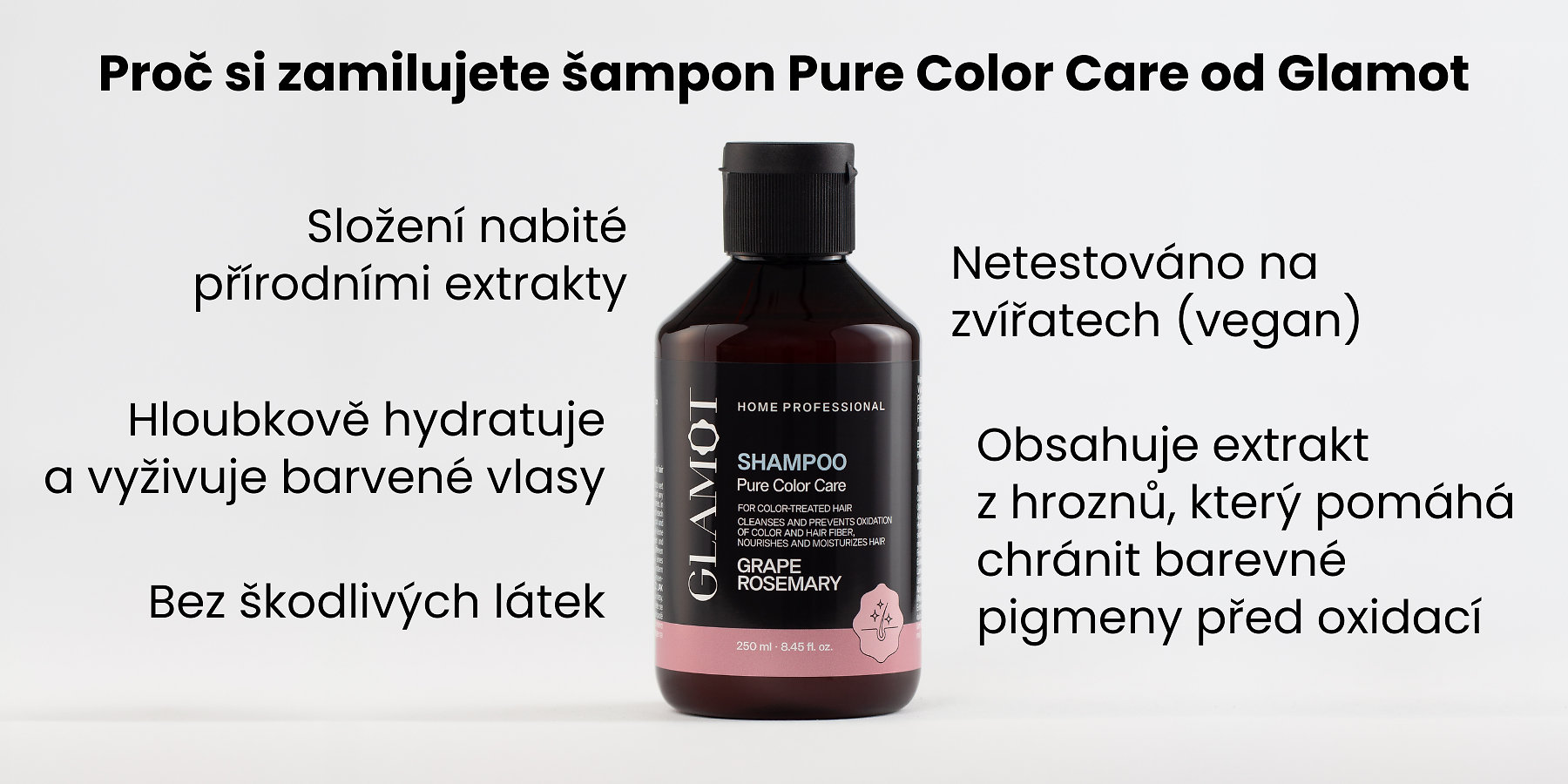 Šampon na vlasy, Přírodní extrakty, Vegan, hydratuje a vyživuje barvené vlasy, pomáhá chránit barevné pigmenty