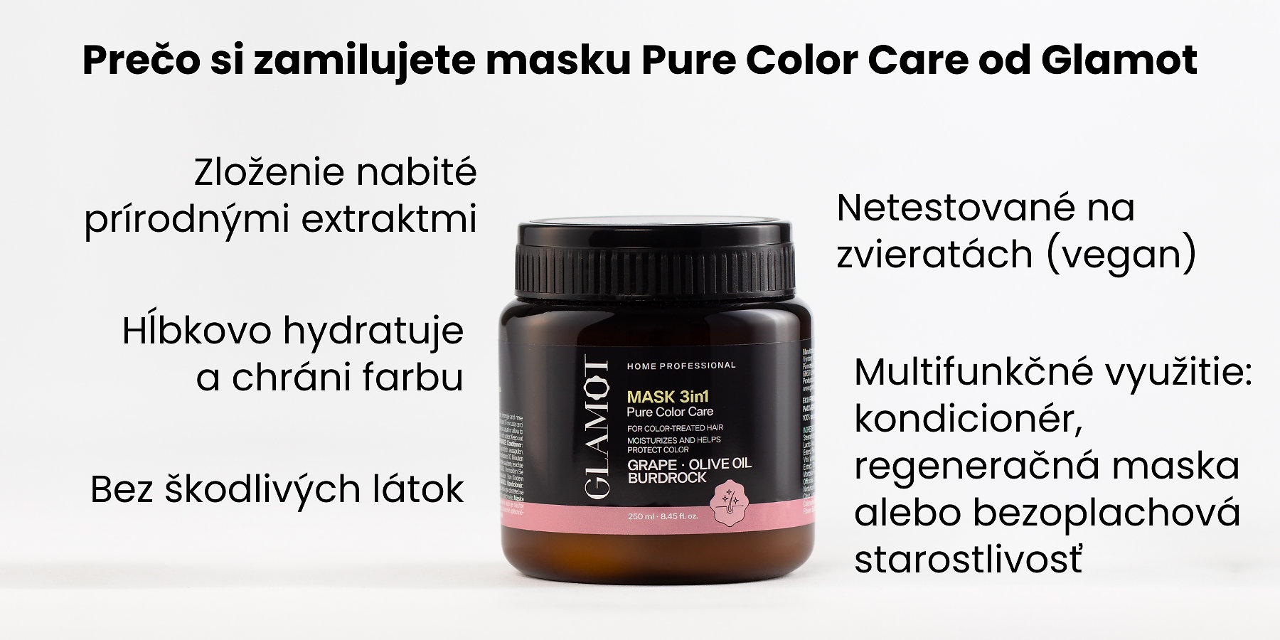 Maska na vlasy, Prírodné extrakty, Vegan, hydratuje a chráni farbu vlasov, pre farbené a chemicky ošetrené vlasy