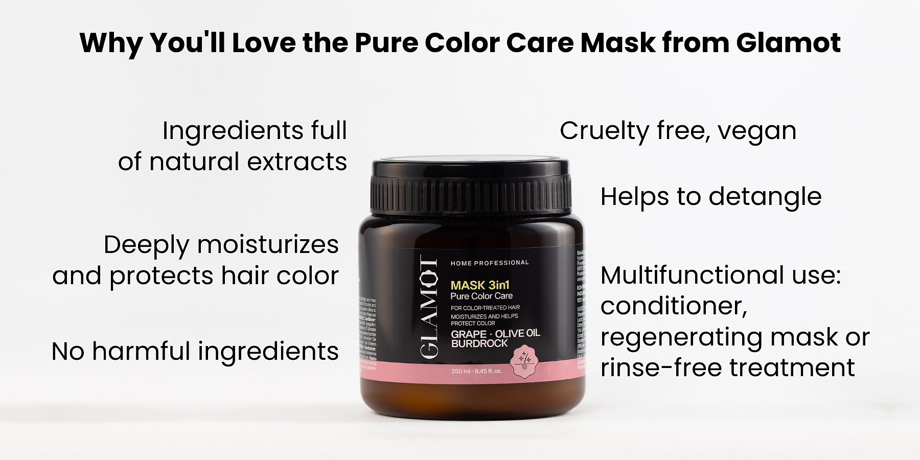 Hair mask, Natural extracts, Vegan, moisturizes and protects hair color, for coloured and chemically treated hair