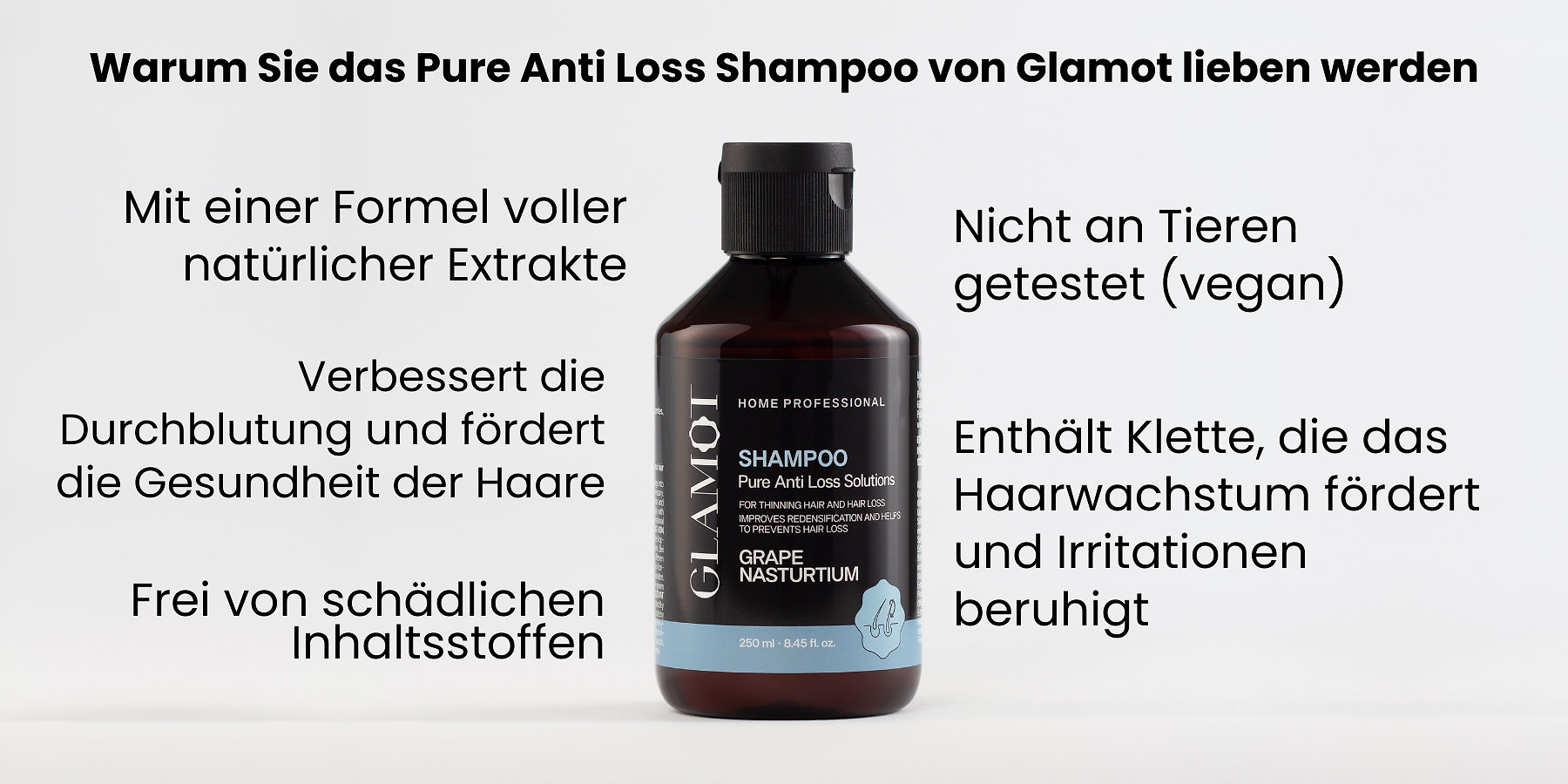 Haarshampoo mit natürlichen Extrakten, vegan, regt die Durchblutung an, stärkt das Haar und fördert gesundes Wachstum