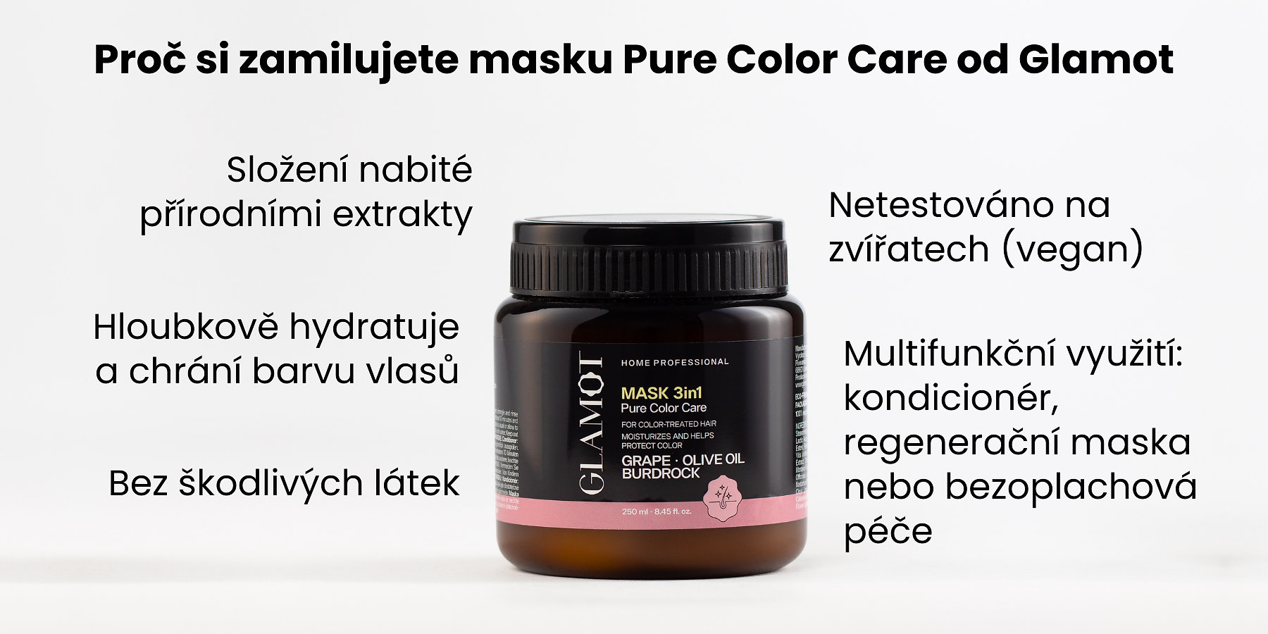Maska na vlasy, Přírodní extrakty, Vegan, hydratuje a chrání barvu vlasů, pro barvené a chemicky ošetřené vlasy</p> <p>[image:196685