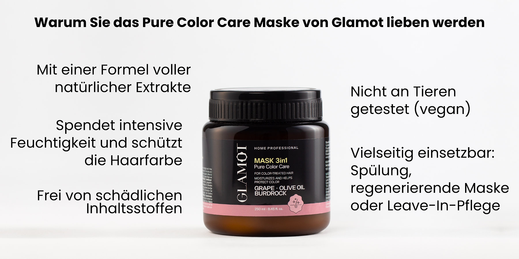 Haarmaske mit natürlichen Extrakten, vegan, spendet Feuchtigkeit, schützt Haarfarbe und ist ideal für coloriertes Haar