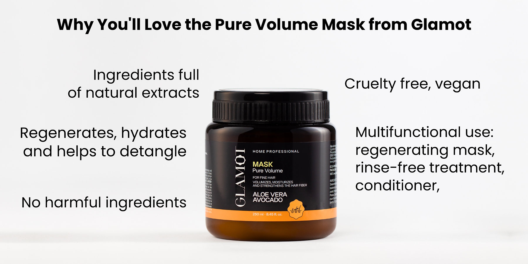 Hair mask, Natural extracts, Vegan, regeneration and hydration, for volume and vitality of hair