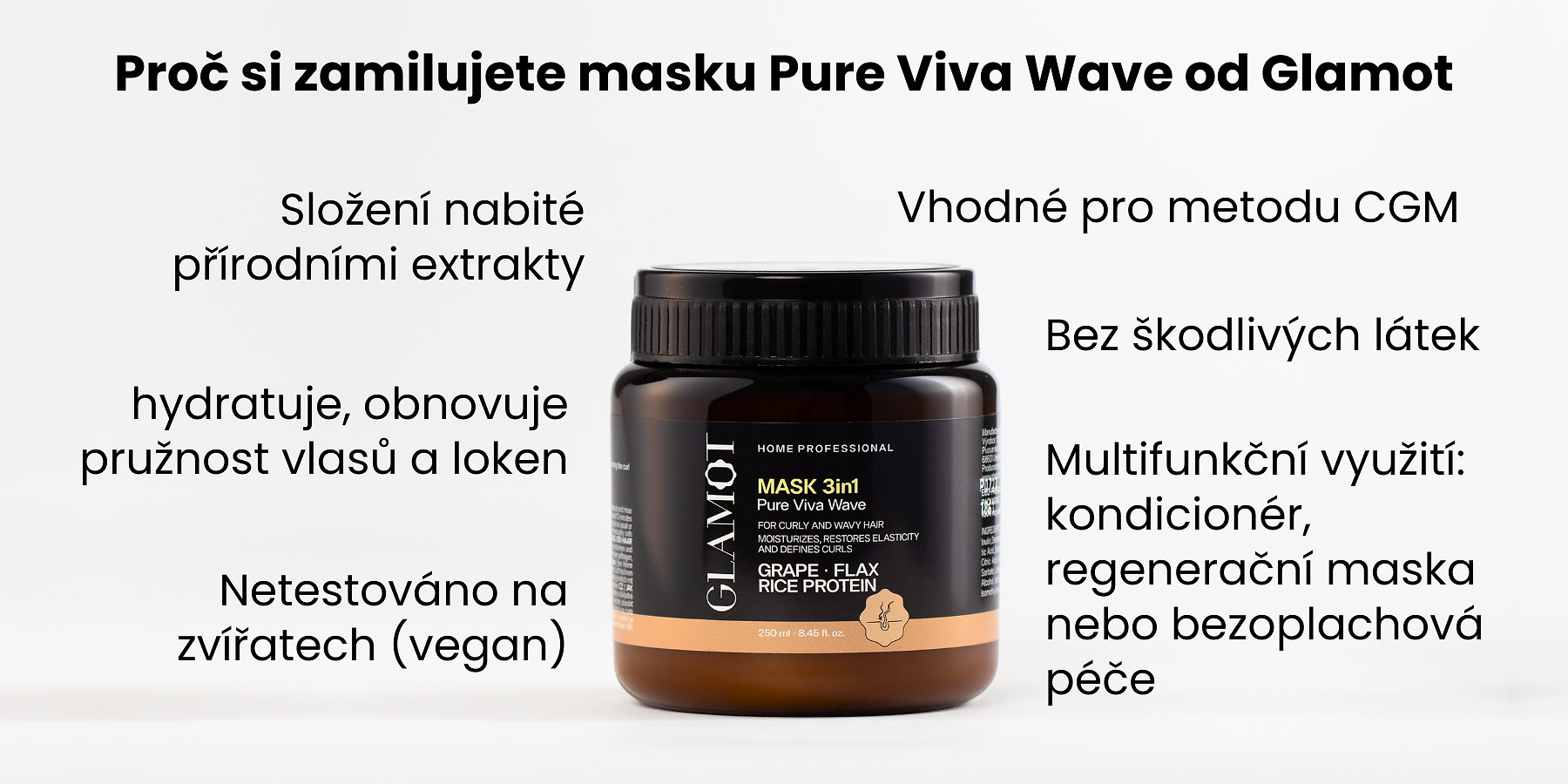 Maska na vlasy, Přírodní extrakty, Vegan, obnovuje pružnost vlasů a loken, pro kudrnaté a vlnité vlasy