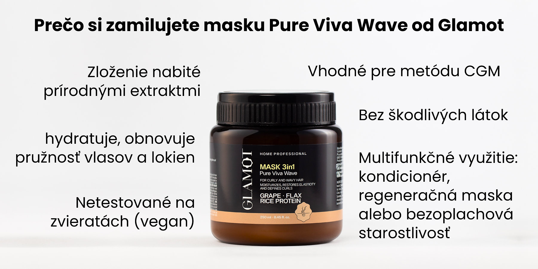Maska na vlasy, Prírodné extrakty, Vegan, obnovuje pružnosť vlasov a lokien, pre kučeravé a vlnité vlasy