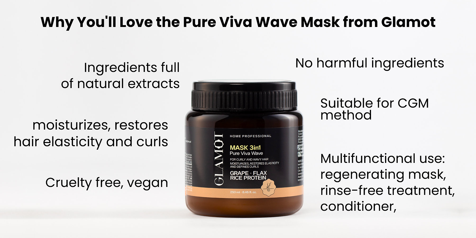 Hair Mask, Natural extracts, Vegan, restores hair elasticity and curls, for curly and wavy hair