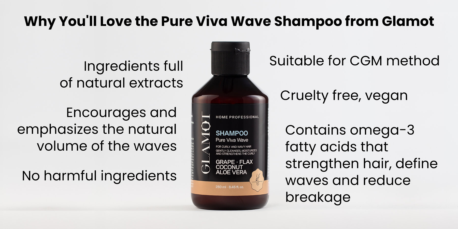 Hair shampoo, Natural extracts, Vegan, emphasizes the natural volume of the waves, helps to strengthen curly hair