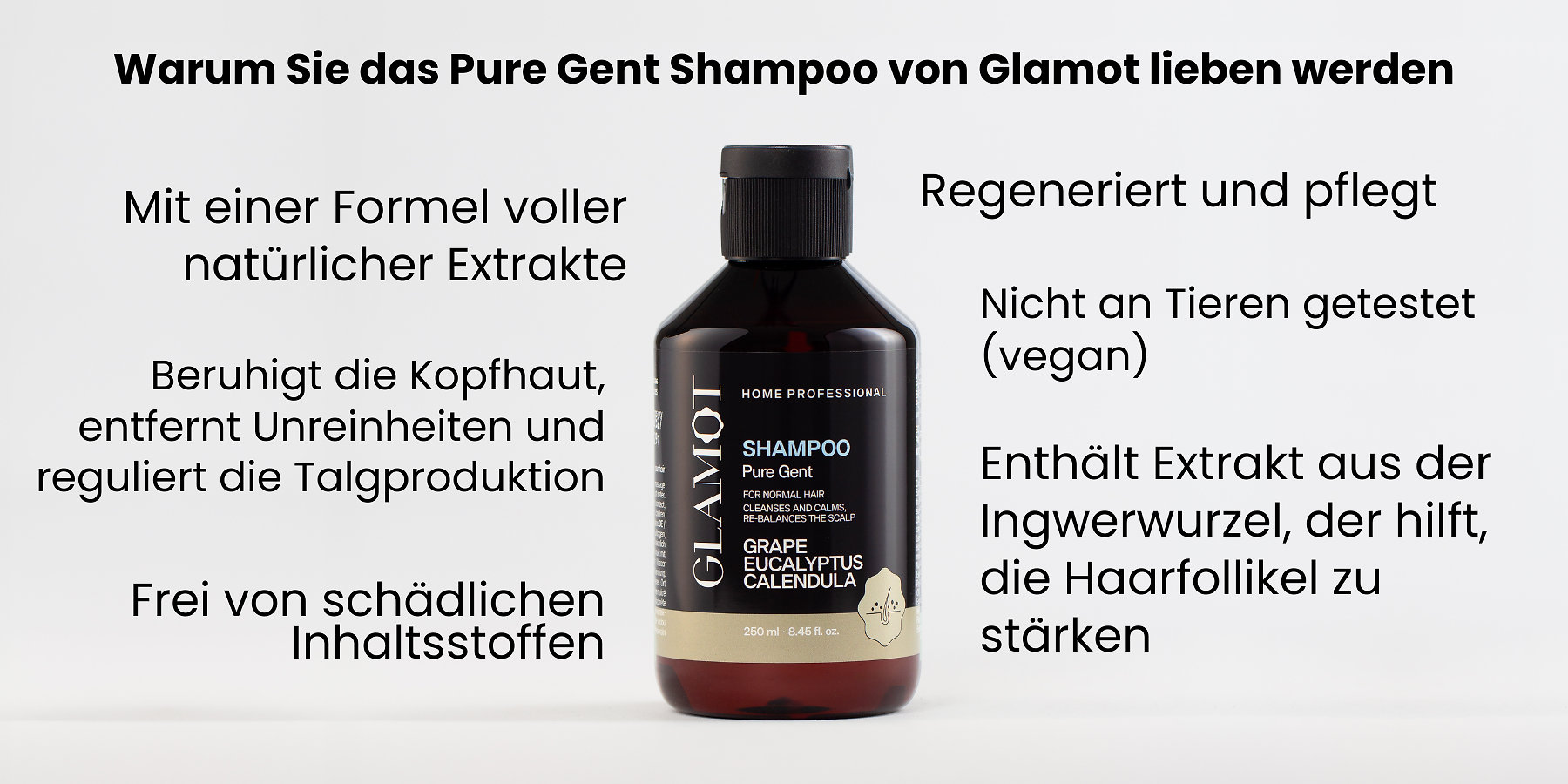Haar Shampoo, Natürliche Extrakte, Vegan, beruhigt die Kopfhaut, reguliert die Talgproduktion, stärkt die Haarfollikel