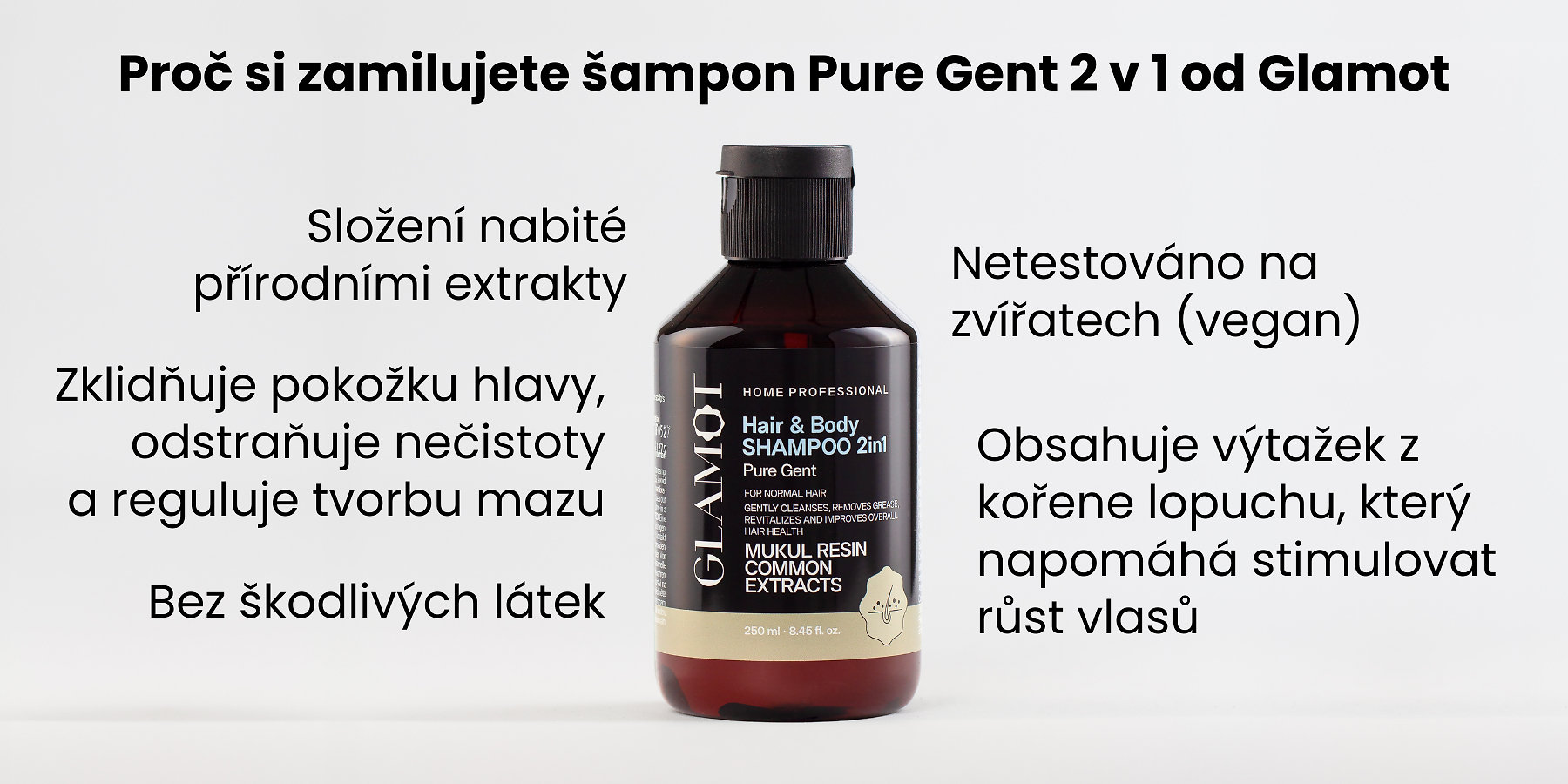 Šampon na vlasy, Přírodní extrakty, Vegan, zklidňuje pokožku hlavy, reguluje tvorbu mazu, pomáhá stimulovat růst vlasů