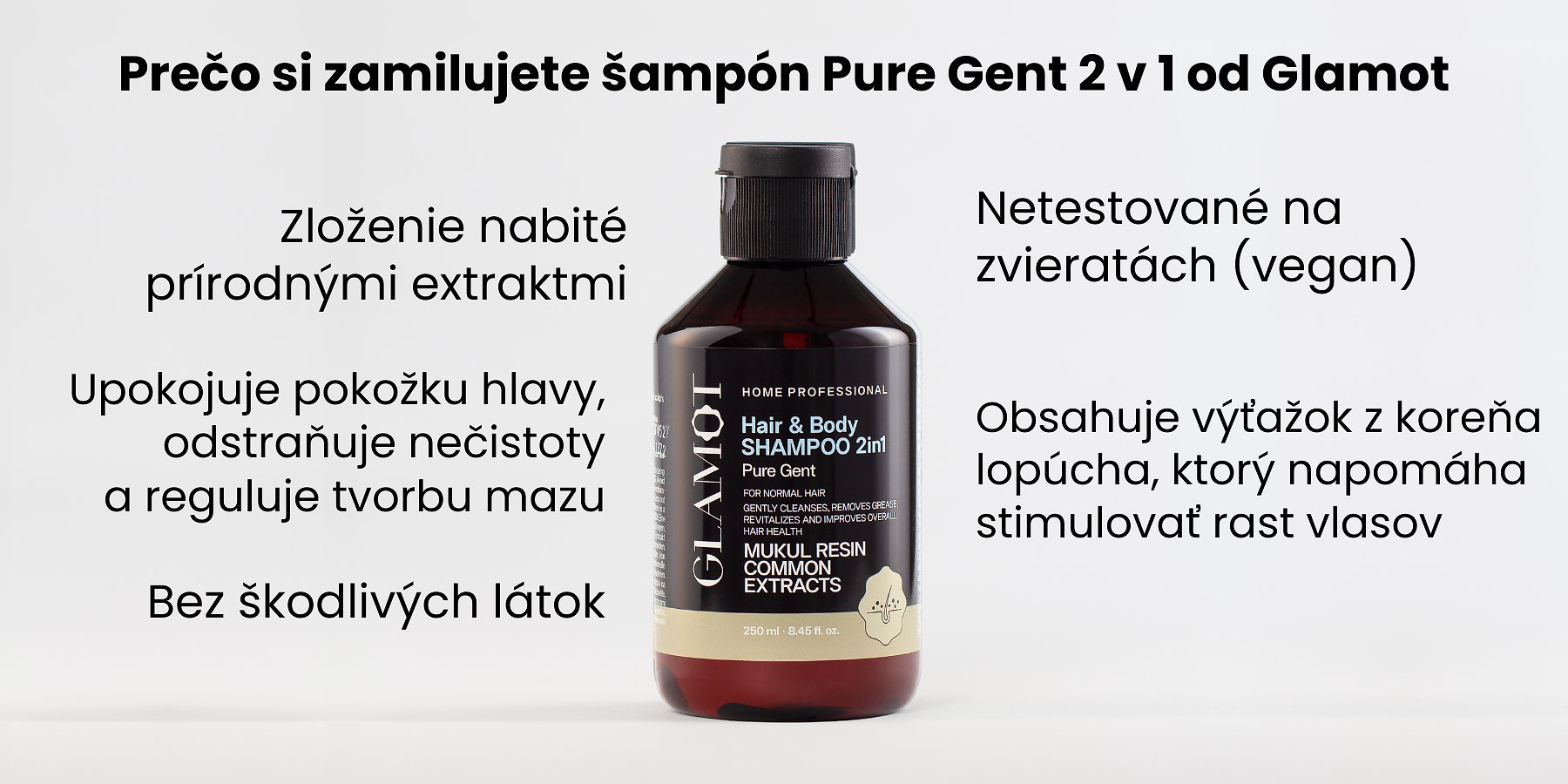 Šampón na vlasy, Prírodné extrakty, Vegan, upokojuje pokožku hlavy, reguluje tvorbu mazu, pomáha stimulovať rast vlasov