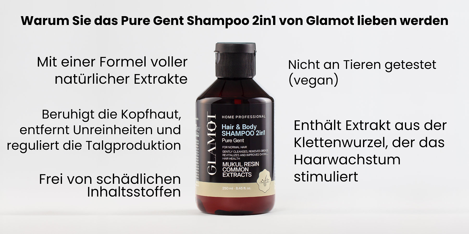 Haar Shampoo, Natürlicher Extrakte, Vegan, beruhigt die Kopfhaut, reguliert Talgproduktion, stimuliert Haarwachstum