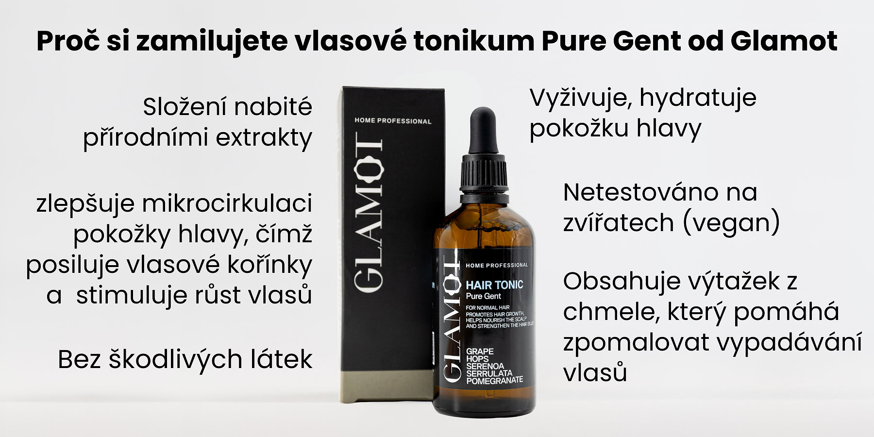 Tonikum na vlasy, Přírodní extrakty, Vegan, zlepšuje mikrocirkulaci, pomáhá zpomalovat vypadávání vlasů