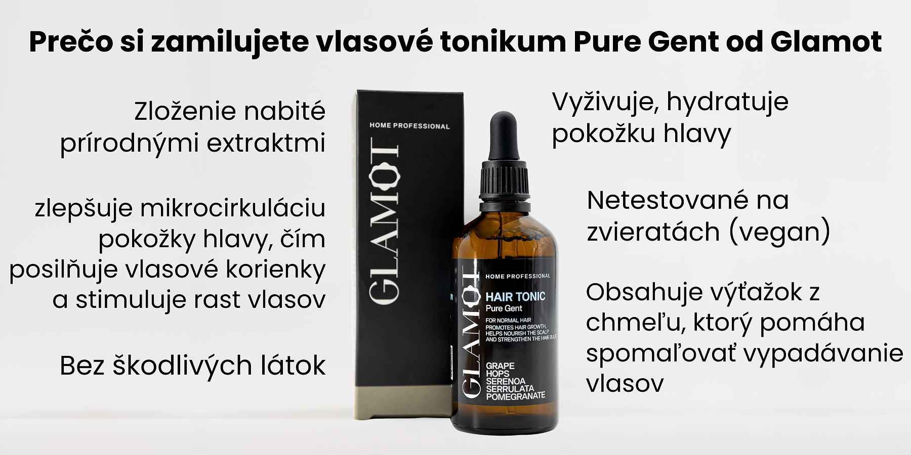 Tonikum na vlasy, Prírodné extrakty, Vegan, zlepšuje mikrocirkuláciu, pomáha spomaľovať vypadávanie vlasov