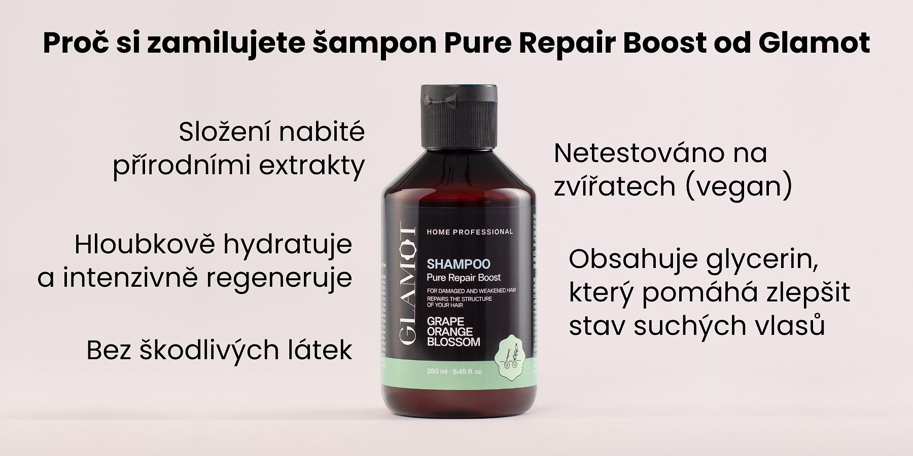 Šampon na vlasy, Přírodní extrakty, Vegan, hydratace a regenerace, pomáhá zlepšit stav suchých vlasů