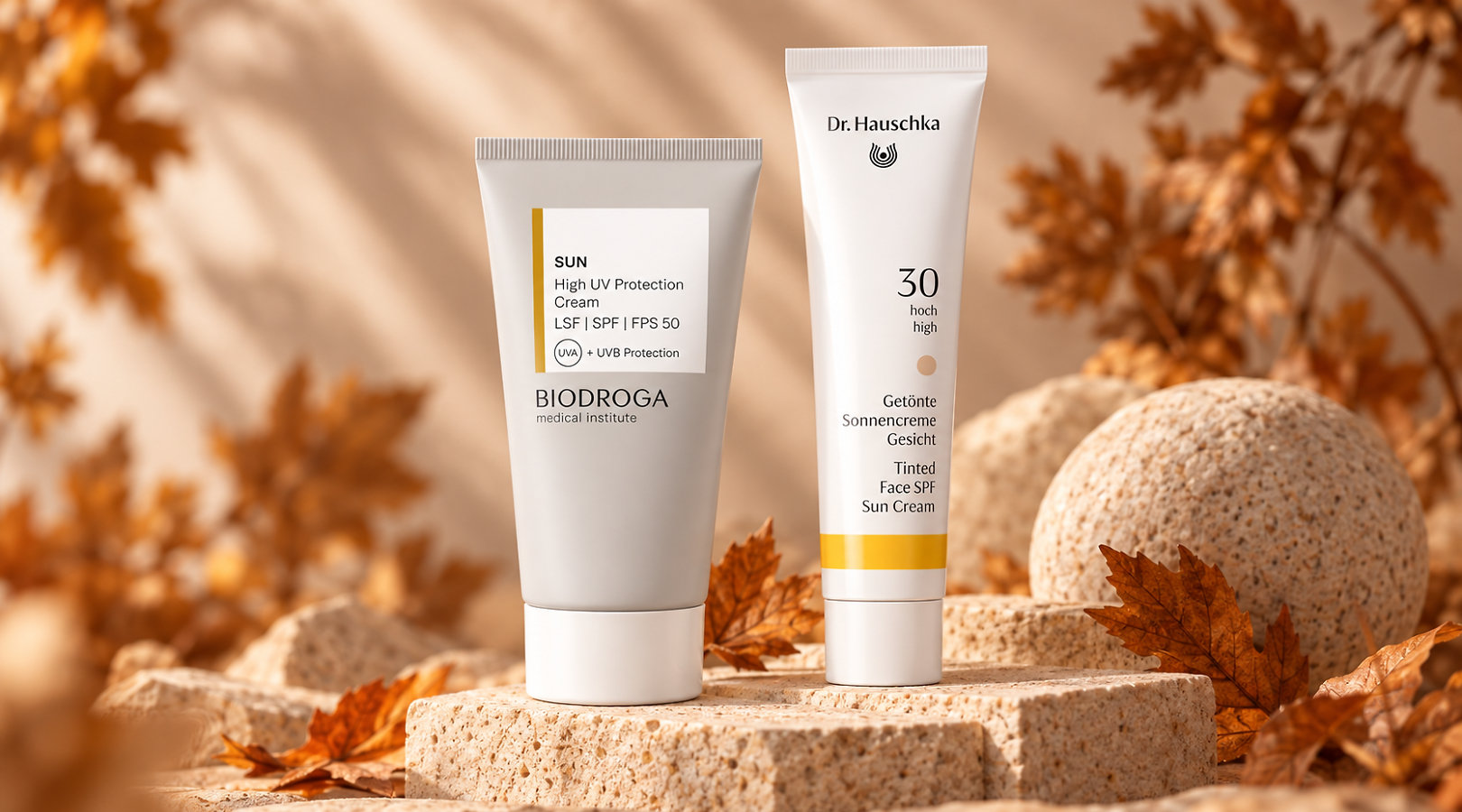 Biodroga SPF 50 and Dr. Hauschka SPF 30 face creams with UV protection