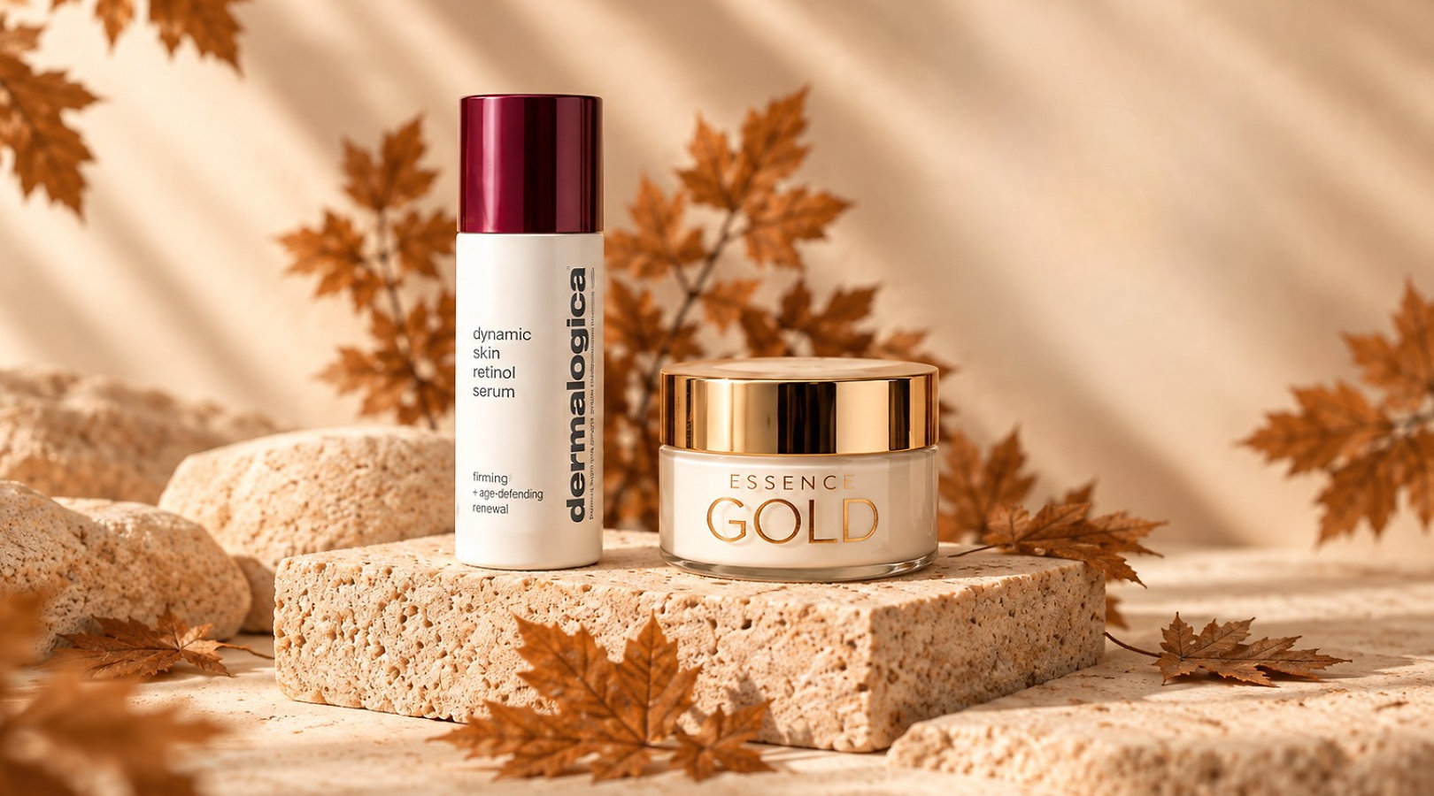 Dermalogica Dynamic Skin Retinol Serum and Essence Gold face cream in an autumn setting