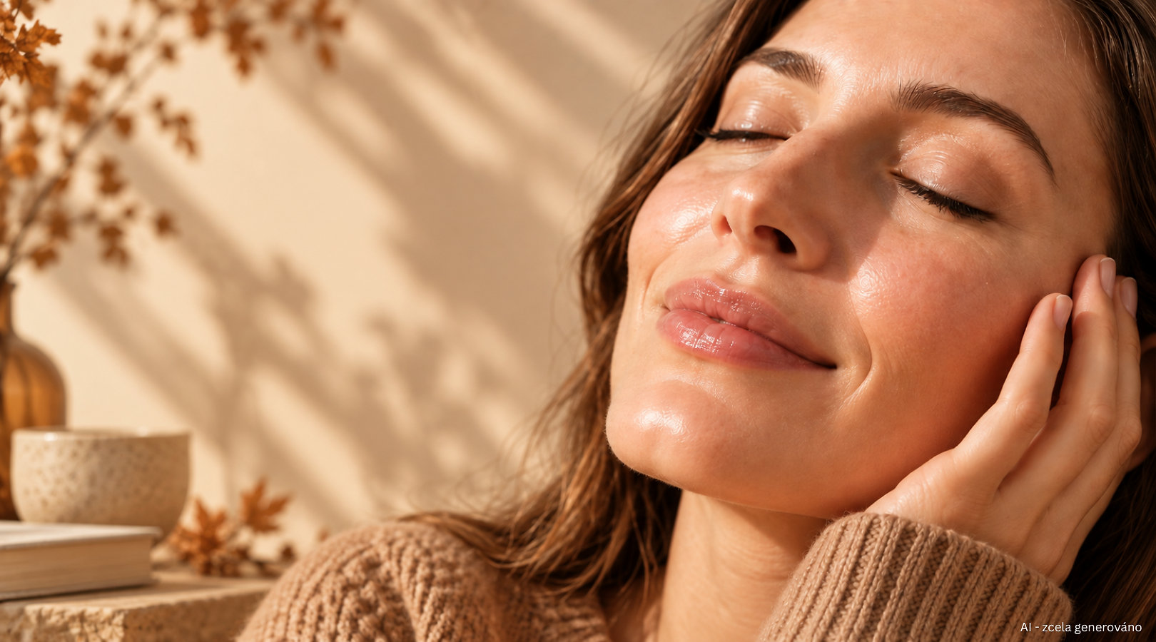 Woman with her eyes closed gently touching her face in autumn light