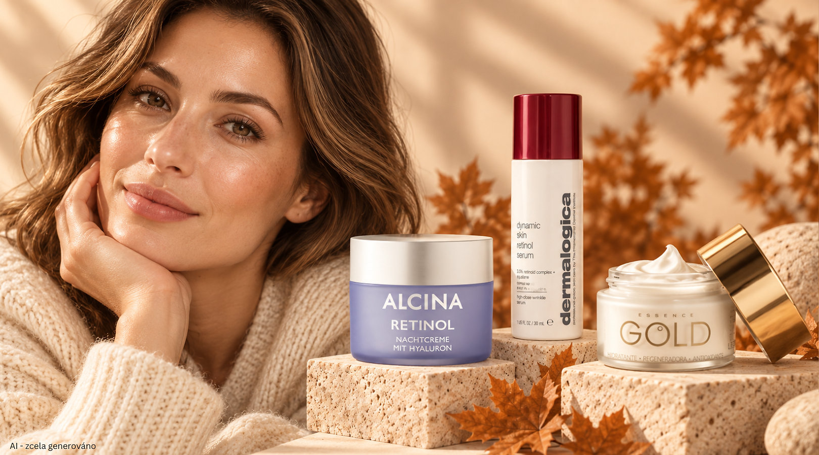 Woman next to a retinol serum and face creams in an autumn setting